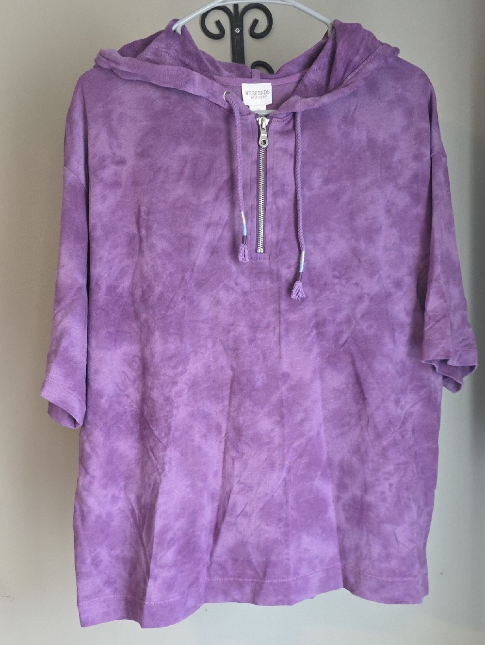Weekends by Chico's Purple Half-Zip Short Sleeve Hoodie Top Size 3 (XXL)